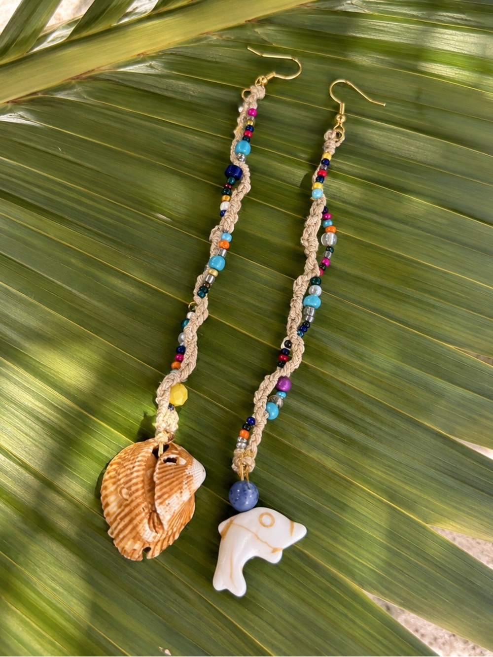 Bohemian Hemp Multicolor Beaded Cockle Shell Pelagia Earrings ~ Handmade